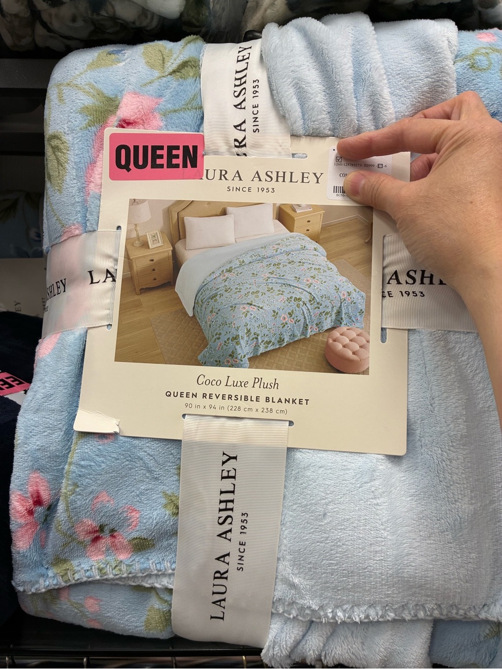 Laura Ashley Light Blue Floral Plush Queen Reversible Blanket